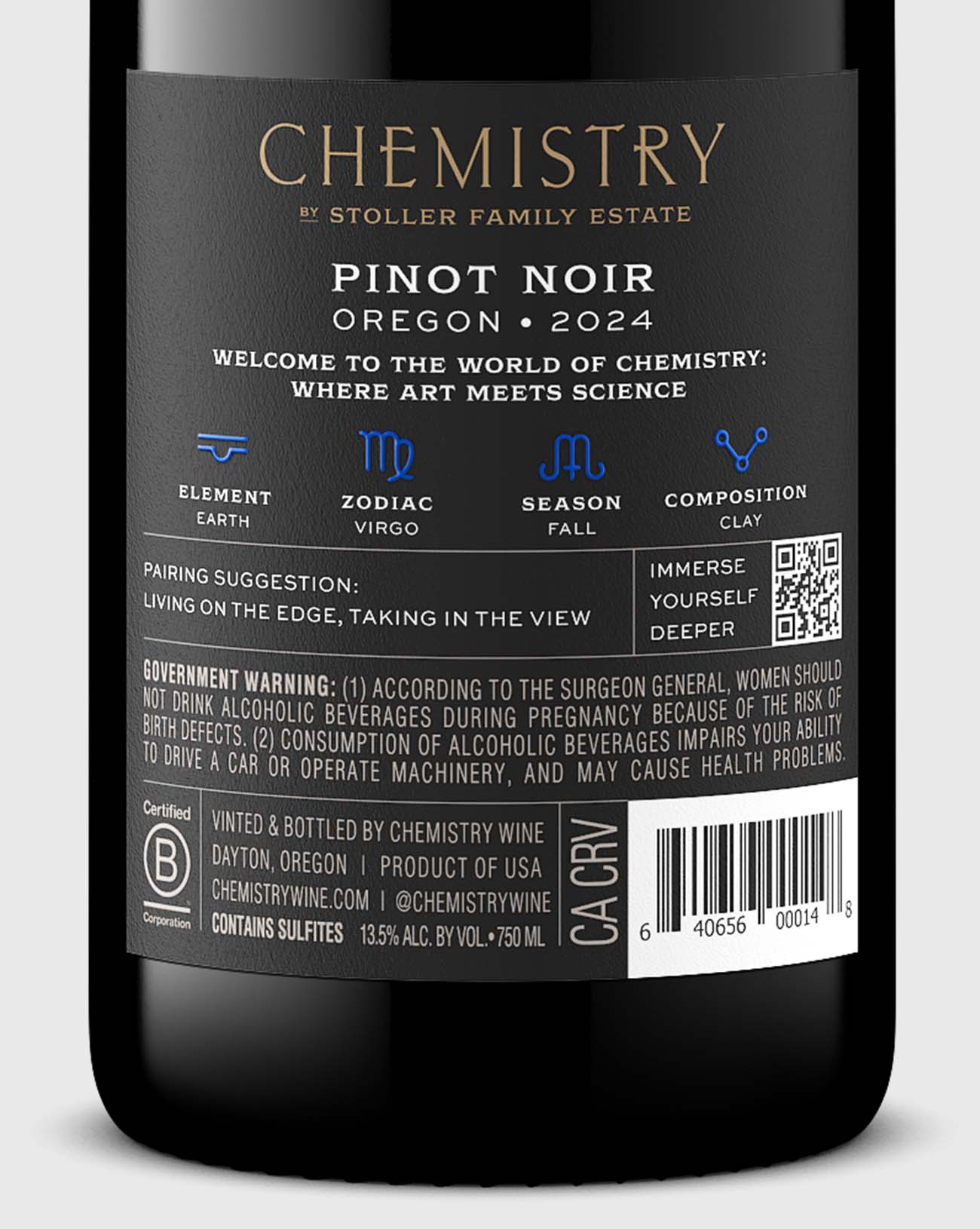 Close-up of Chemistry Pinot Noir 2024 Oregon back label by Stoller Family Estate showing tasting notes