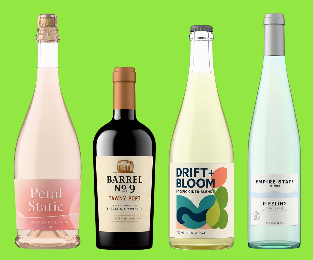Four Outshinery product shots showing diverse beverage bottle shapes including sparkling rosé, port, cider, and riesling demonstrating the range of the container library