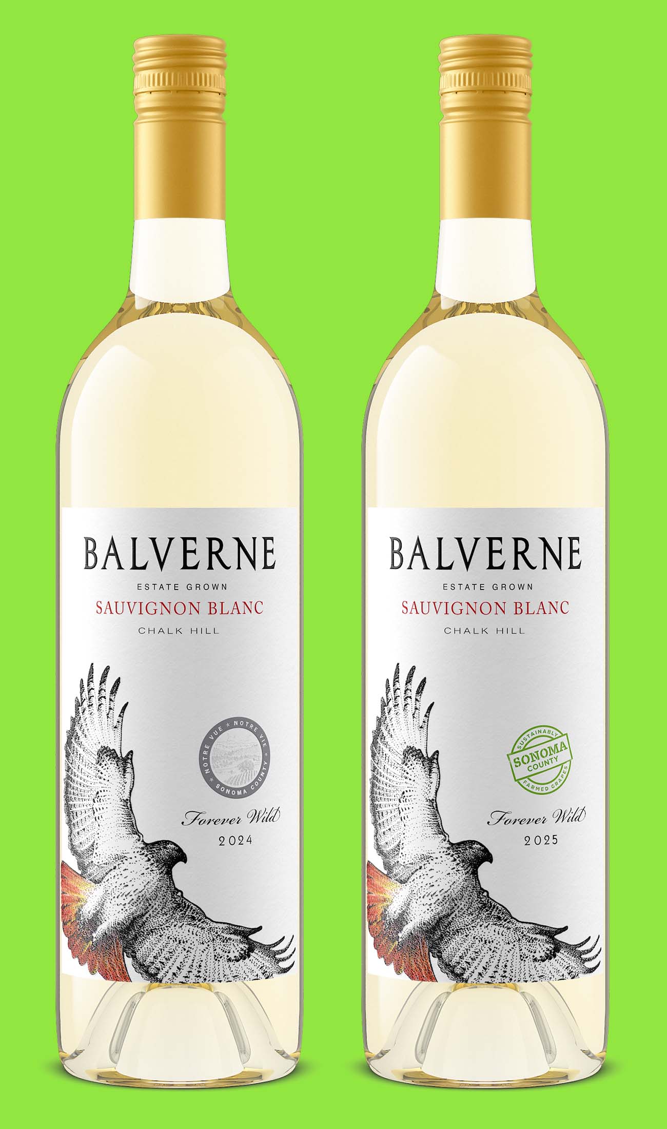 Balverne Estate Grown Sauvignon Blanc 2024 and 2025 vintages rendered by Outshinery showing how vintage label updates are delivered without a reshoot