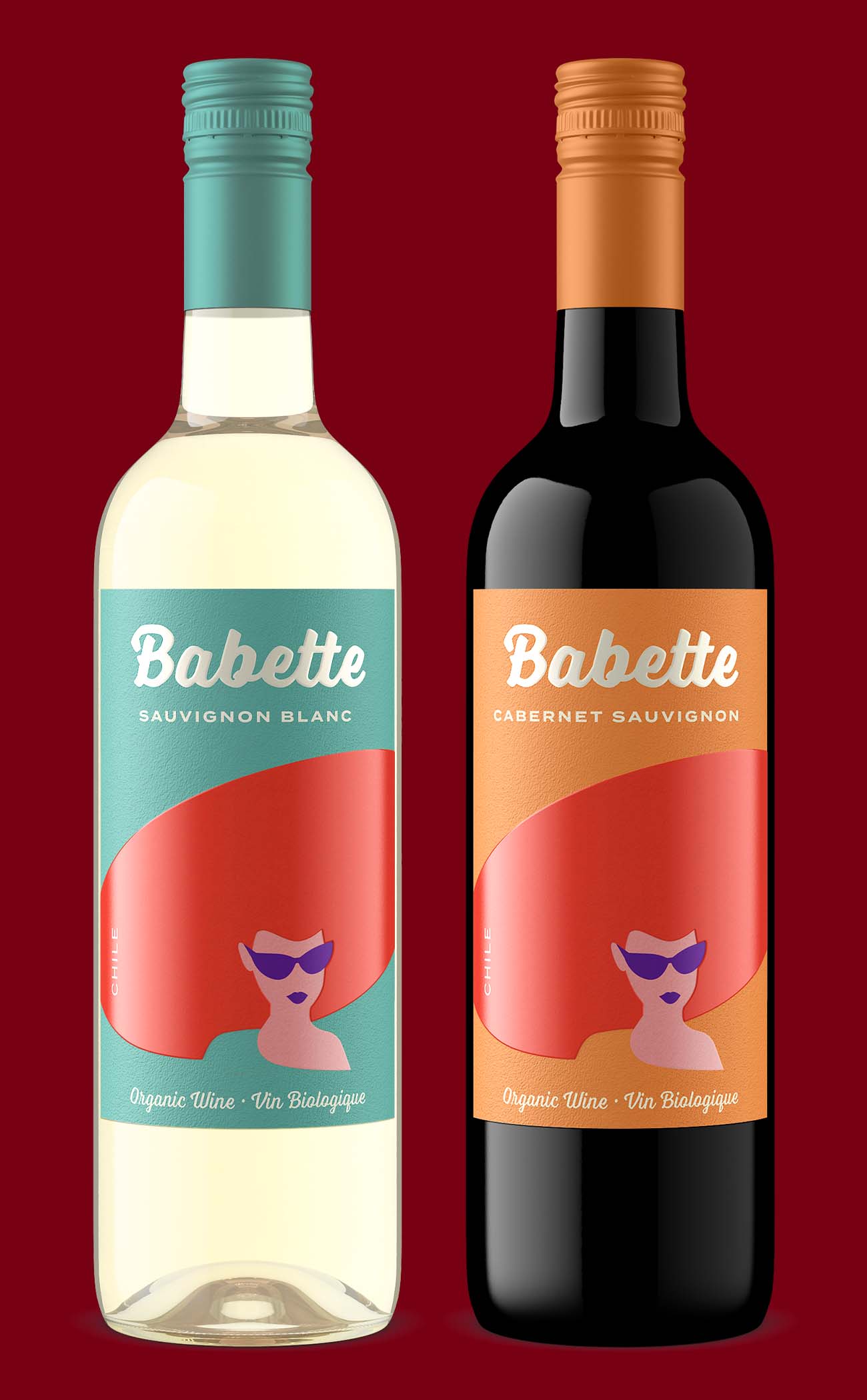 Photorealistic 3D wine bottle shots of Babette Sauvignon Blanc and Babette Cabernet Sauvignon from Chile showing consistent label rendering across two SKUs