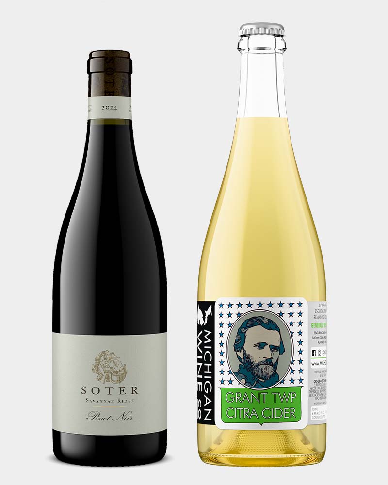 Soter Savannah Ridge Pinot Noir 2024 and Michigan Wine Co Grant Twp Citra Cider side by side, wine and cider bottle shots rendered with consistent product photography standards