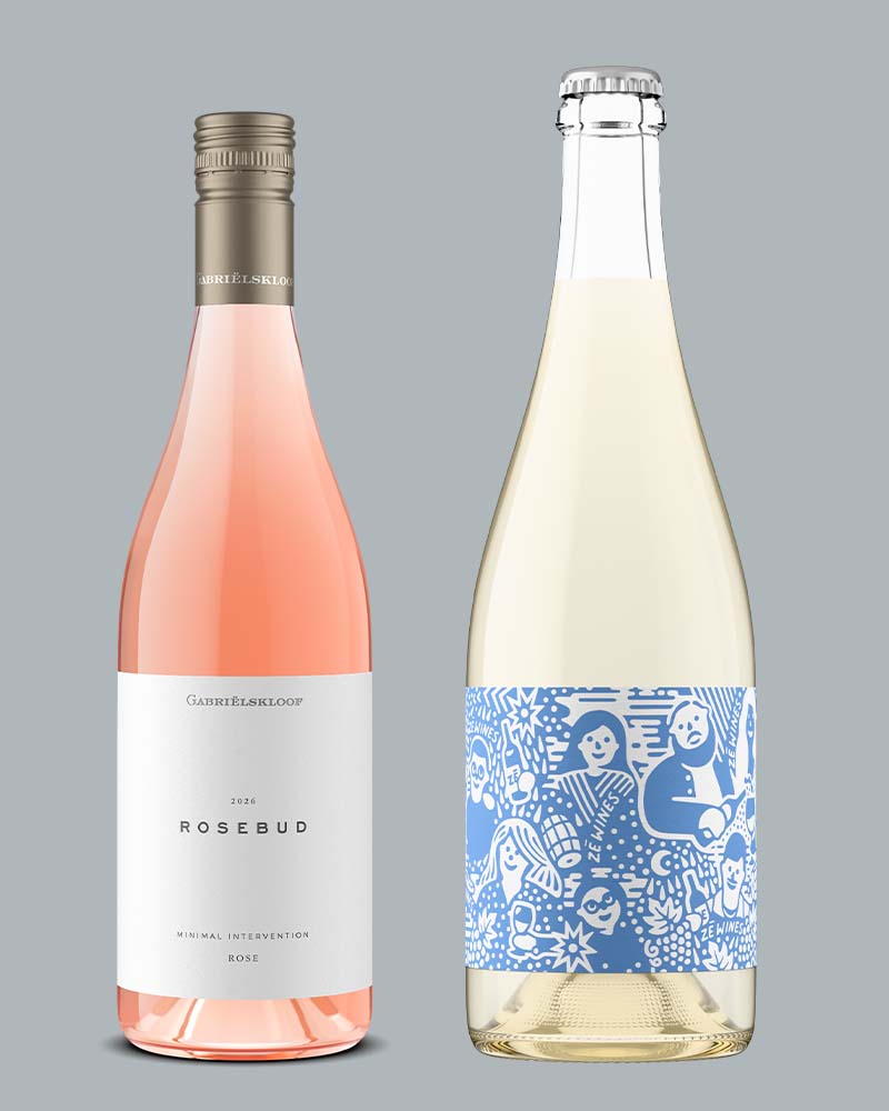 Gabriëlskloof Rosebud rosé with a screw cap next to a Ze Wines crown-capped bottle, both rendered as 3D wine bottle shots