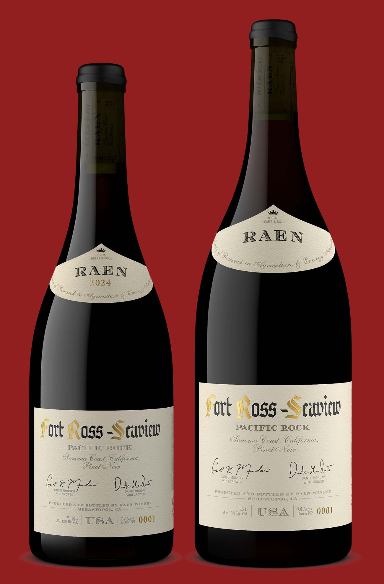 RAEN Fort Ross-Seaview Pacific Rock Pinot Noir 2024 in 750ml and 1.5L magnum side by side at accurate relative scale, rendered from the same 3D model