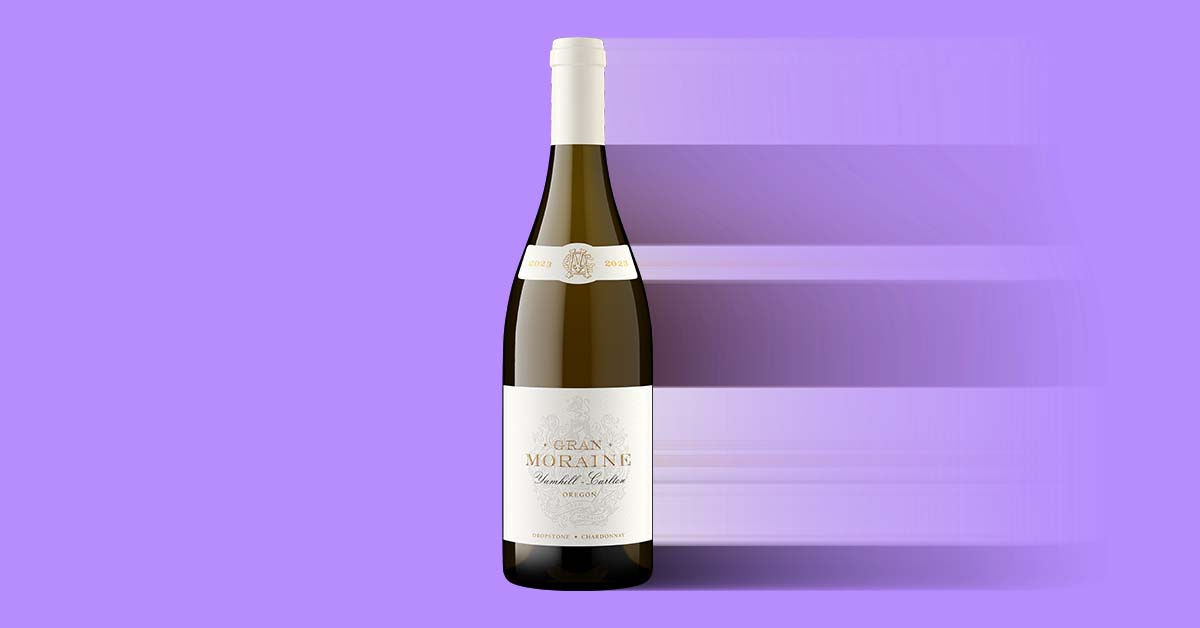 Gran Moraine Dropstone Chardonnay 2023 bottle shot with a motion-blur effect illustrating the gap between speed and agility in beverage marketing