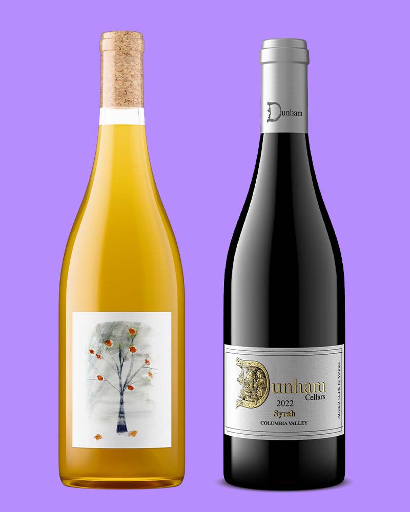 Two contrasting wine bottle shots, a natural wine with a hand-painted tree label and Dunham Cellars Syrah 2022, both produced from one agile visual system