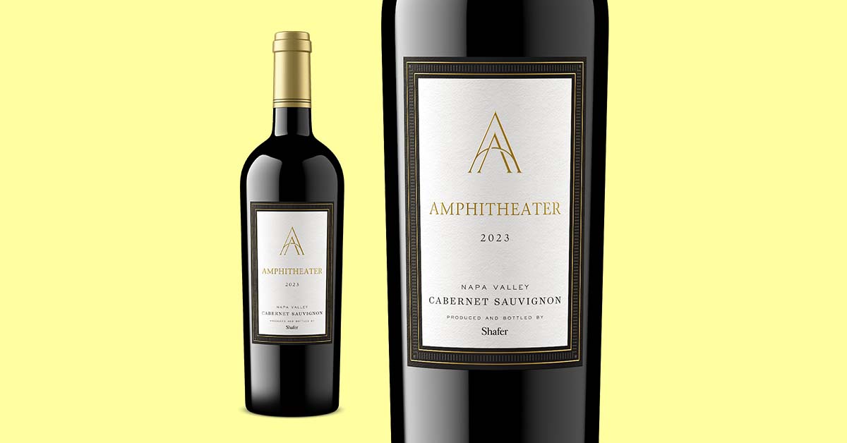 Amphitheater 2023 Napa Valley Cabernet Sauvignon by Shafer, photorealistic wine bottle shot with full bottle and label detail