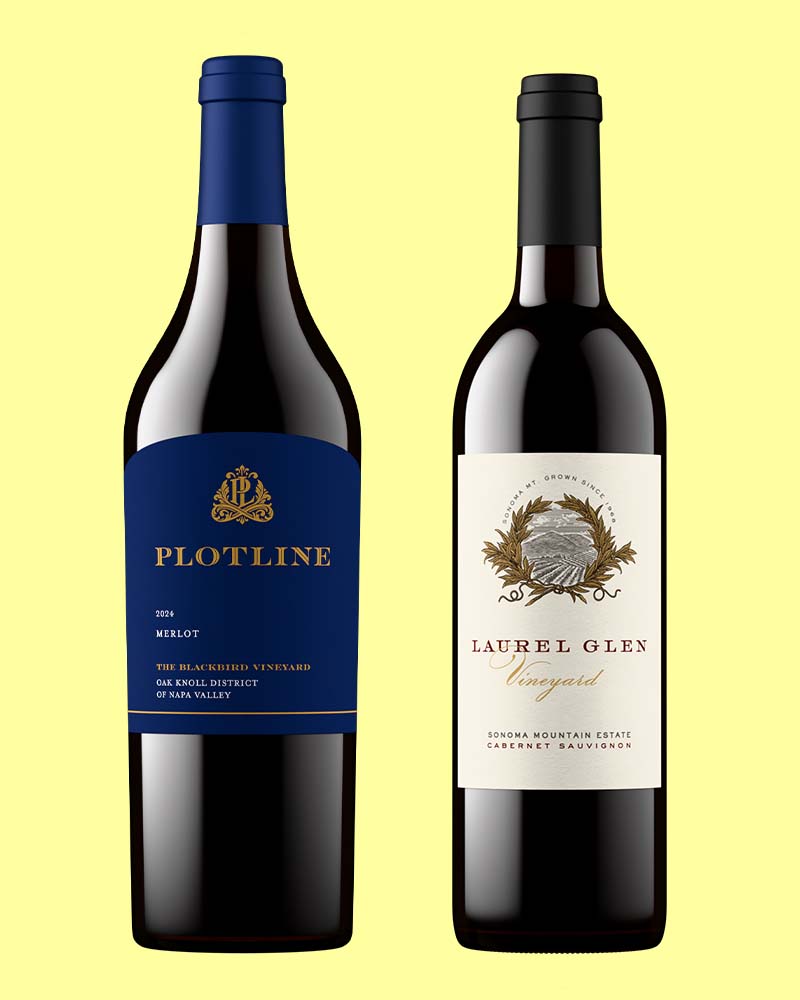 Plotline 2024 Merlot and Laurel Glen Vineyard Cabernet Sauvignon, photorealistic wine bottle shots produced without a photoshoot