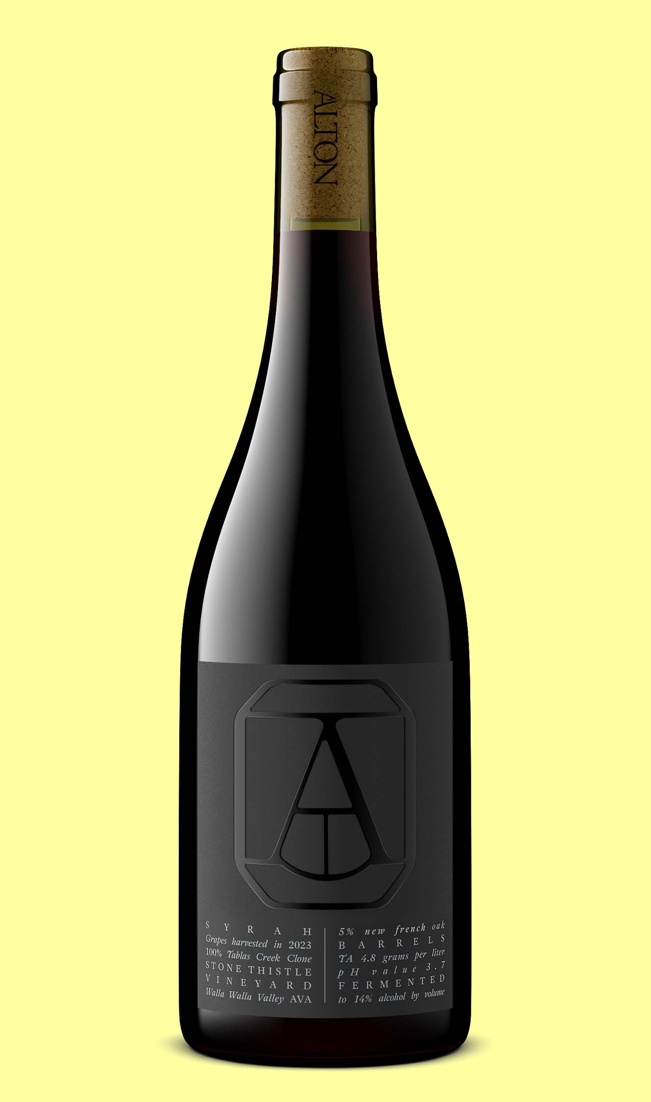 Alton 2023 Syrah from Stone Thistle Vineyard, Walla Walla, photorealistic wine bottle shot with branded natural cork and embossed black label