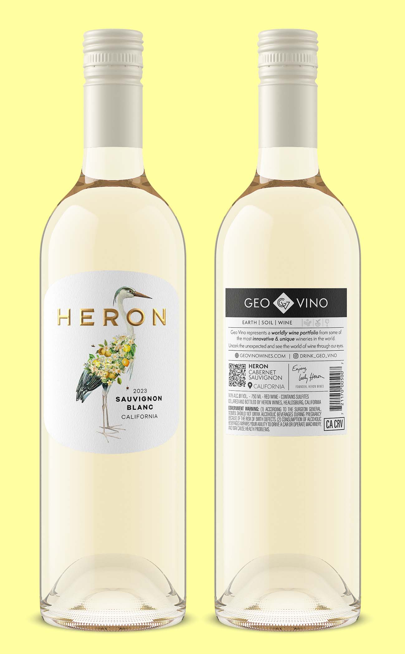 Heron 2023 Sauvignon Blanc in a flint wine bottle, front and back labels shown side by side in a 3D rendered product shot