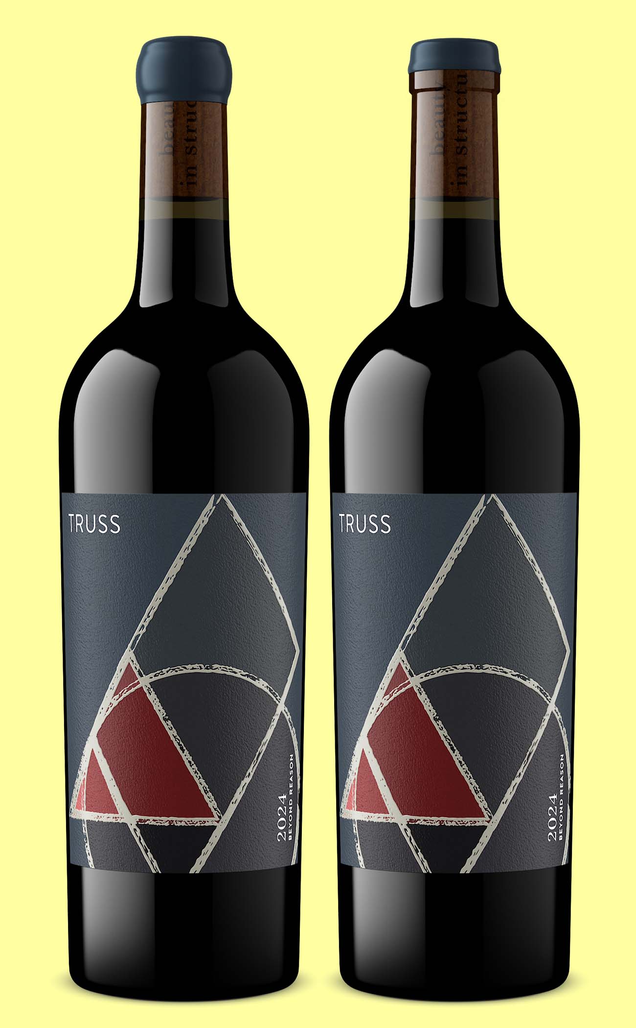 Truss 2024 Beyond Reason wine bottle shots produced from the label file before the wine was bottled, two identical photorealistic renders