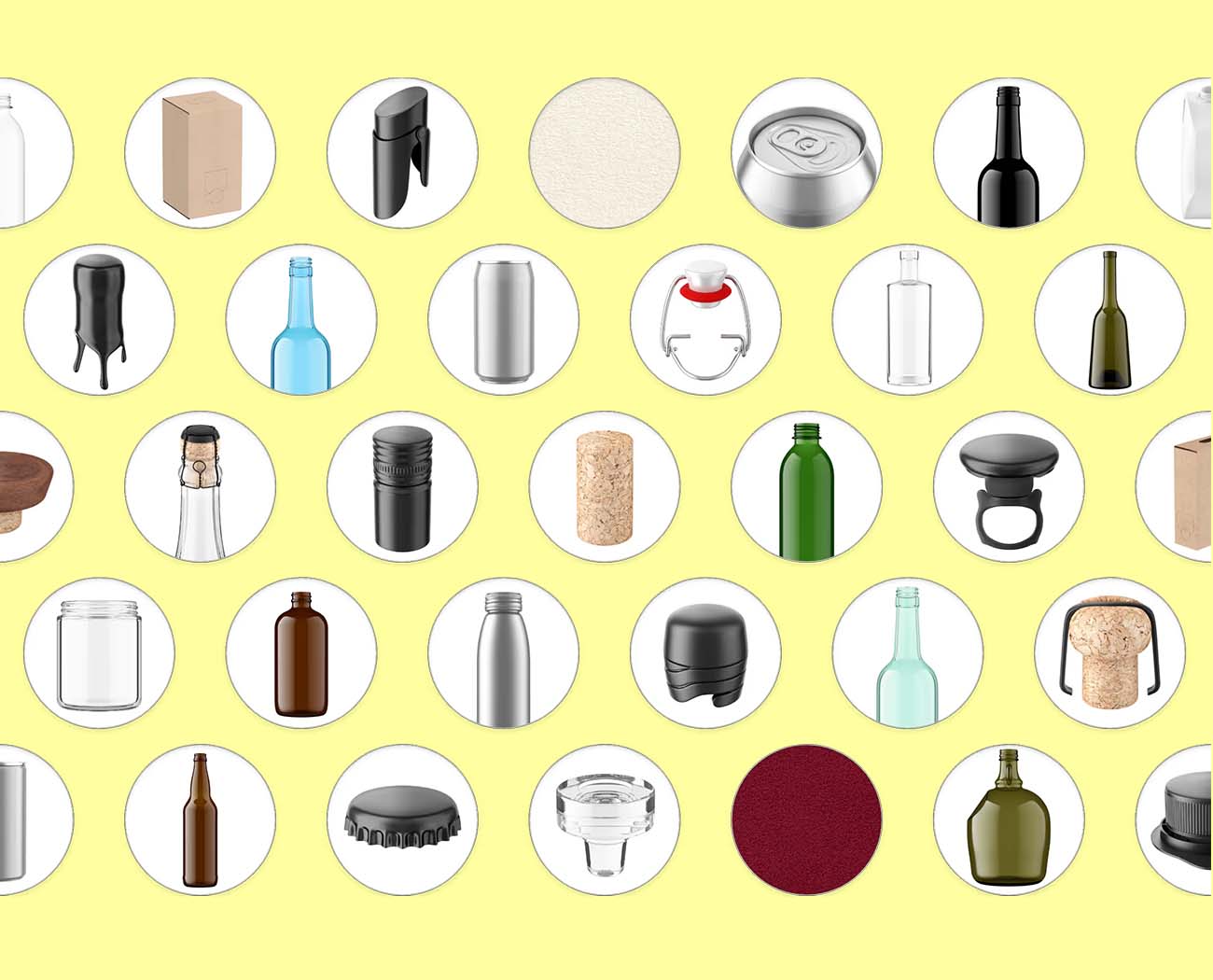 Grid of bottle shapes, closures, capsules, and label finishes from Outshinery's container library used in 3D wine bottle photography