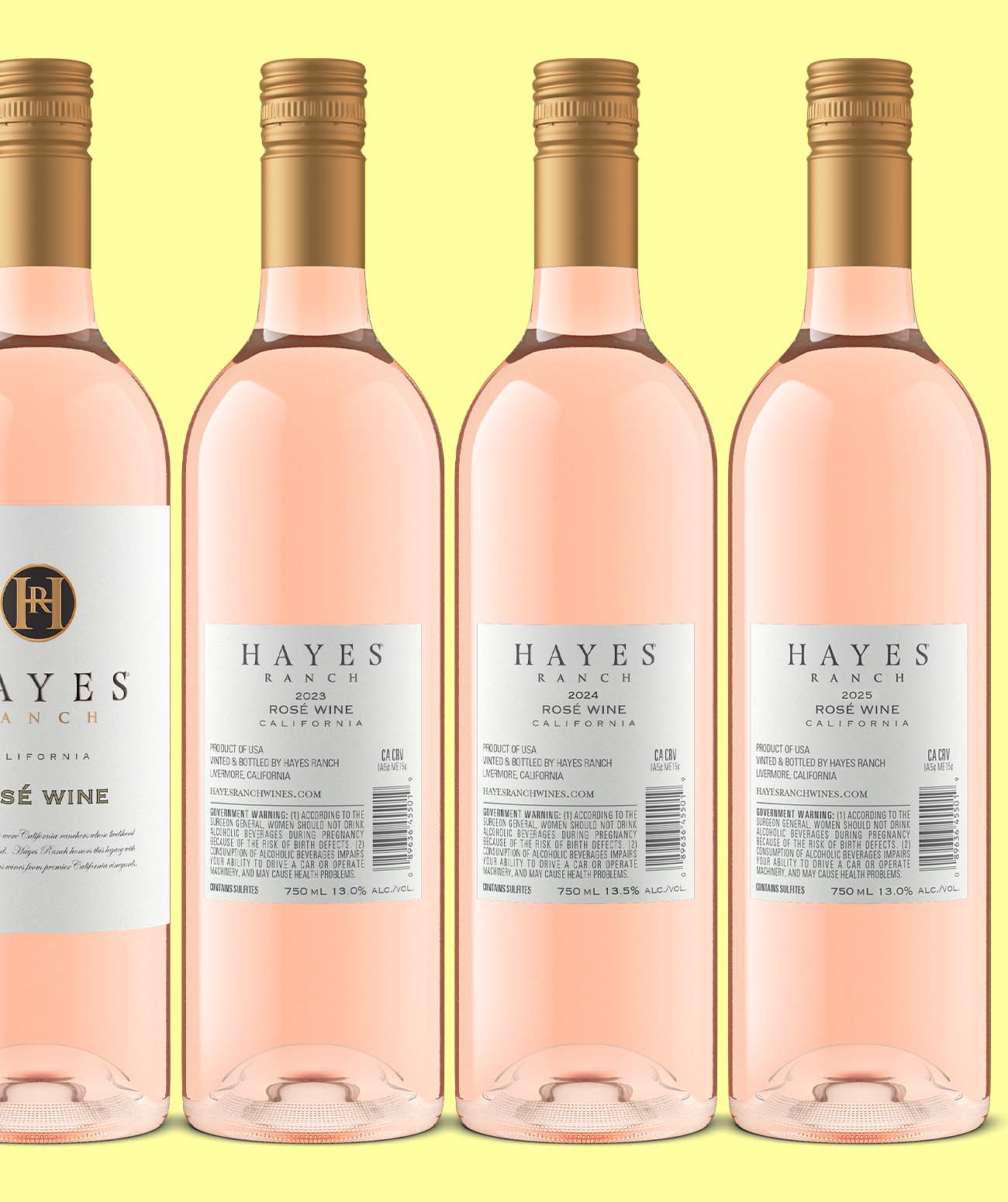 Hayes Ranch Rosé Wine across the 2023, 2024 and 2025 vintages, rendered as a consistent set of wine bottle shots with identical lighting and angle
