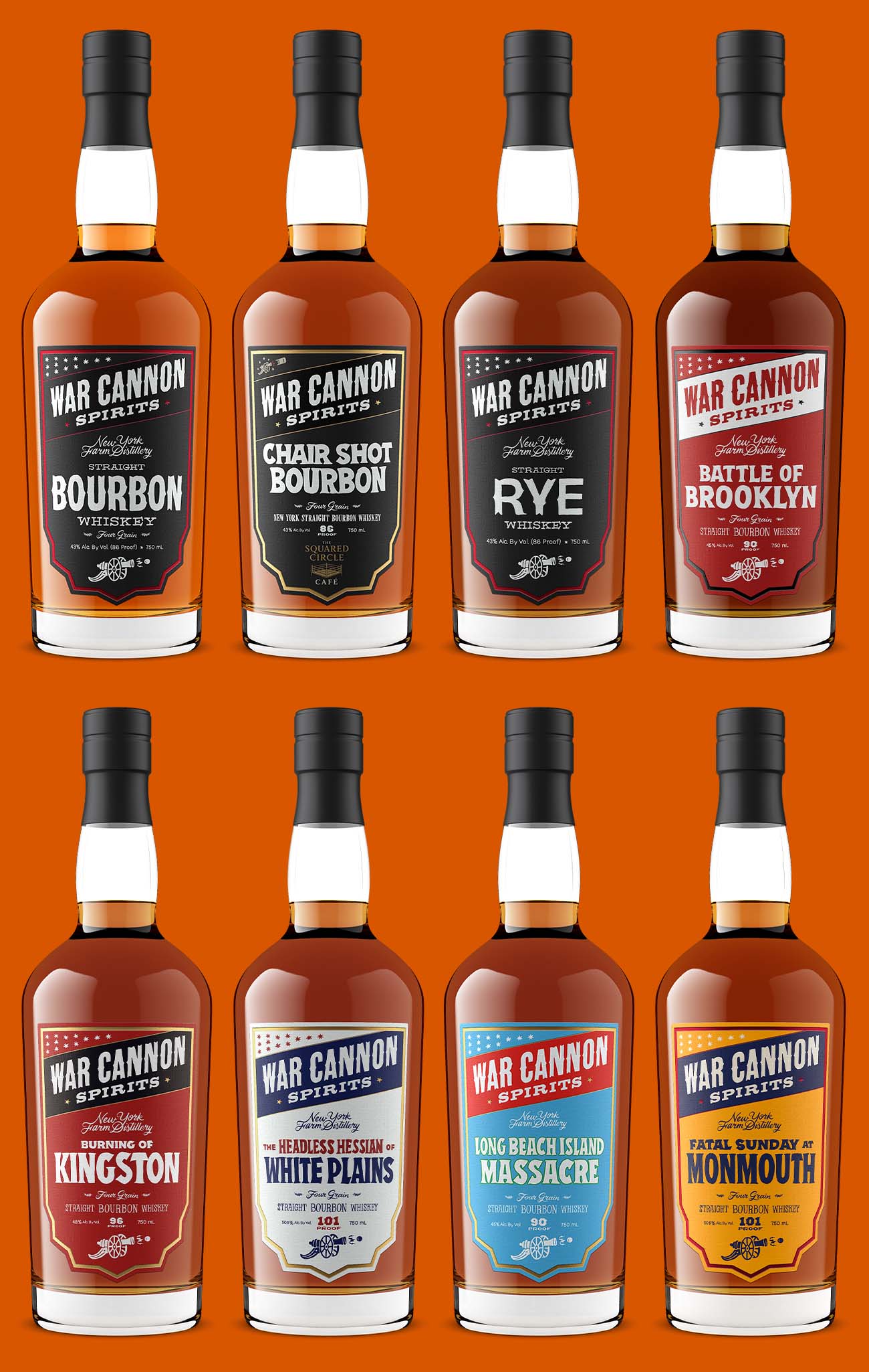 Eight War Cannon Spirits whiskey bottles arranged in two rows, a full craft distillery portfolio rendered with consistent spirits product shots across every label