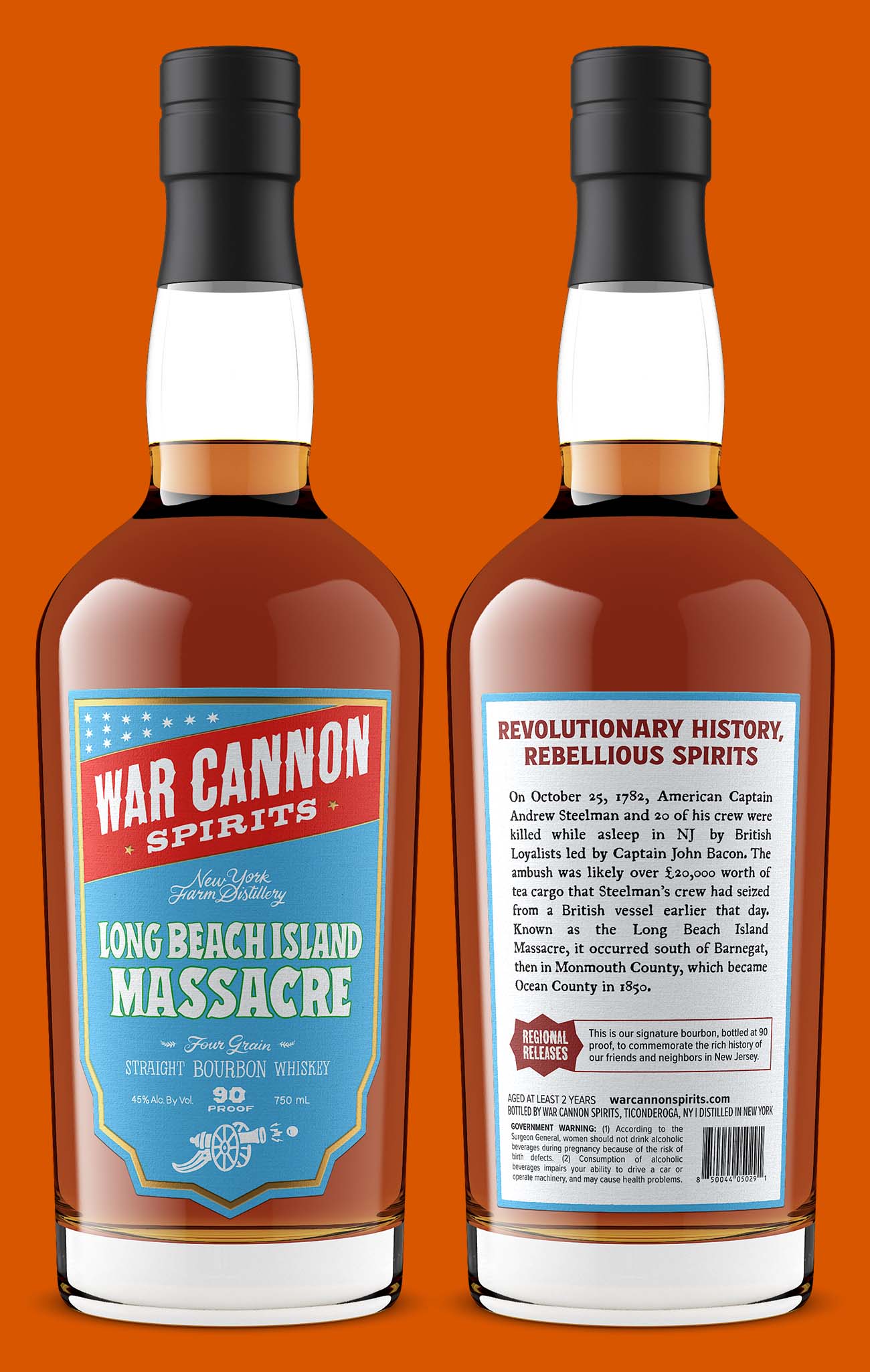 War Cannon Spirits Long Beach Island Massacre bourbon shown front and back, a product shot revealing the full brand story printed on the back label