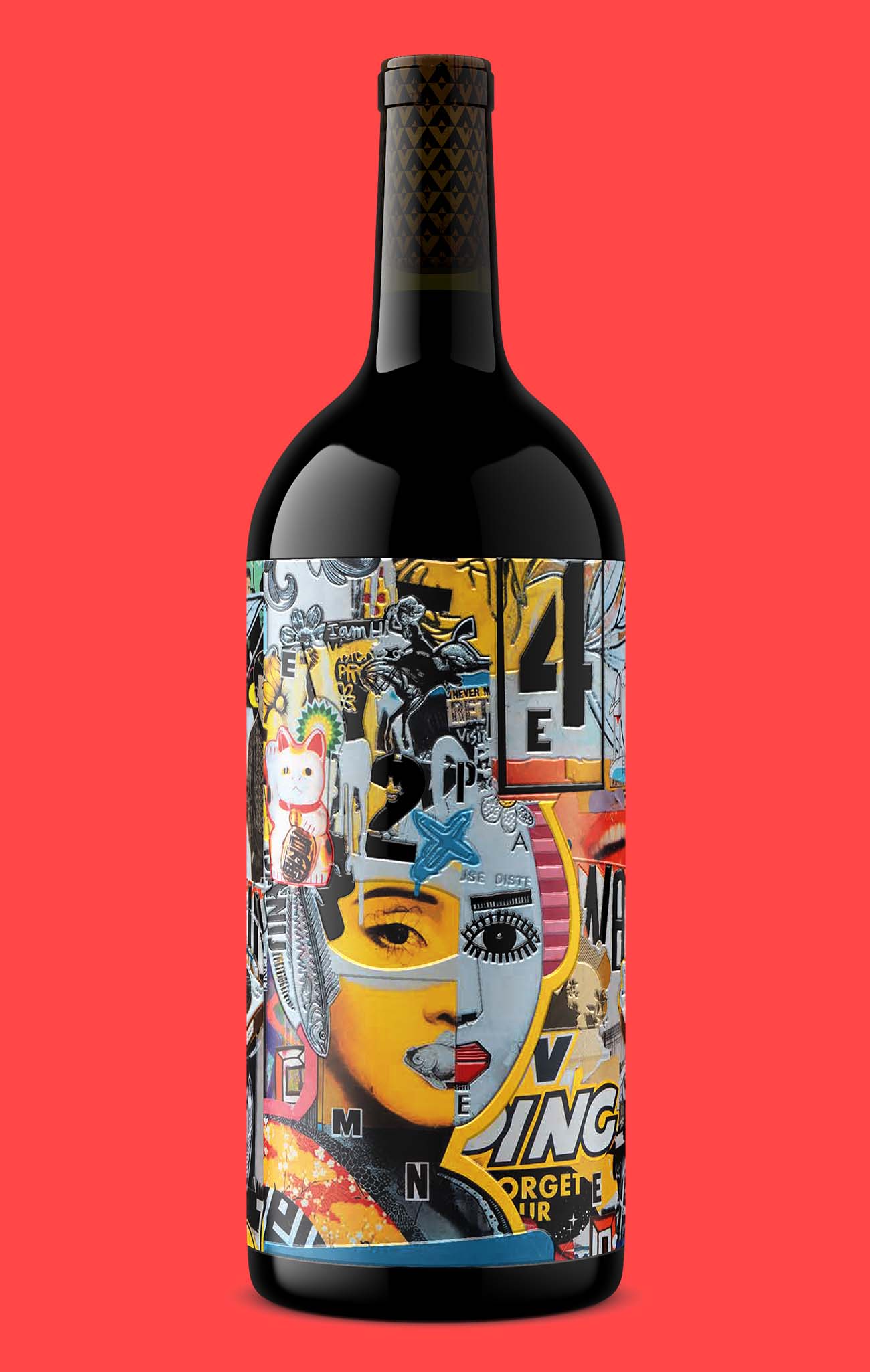 Dark wine bottle shot with a full-wrap pop-art collage label and patterned gold foil capsule, a complex package built by an Outshinery Studio artist