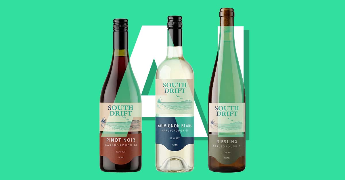 Three South Drift wine bottles from Marlborough with a white AI overlay, framing the 2026 CGI vs AI disclosure question facing beverage brands.