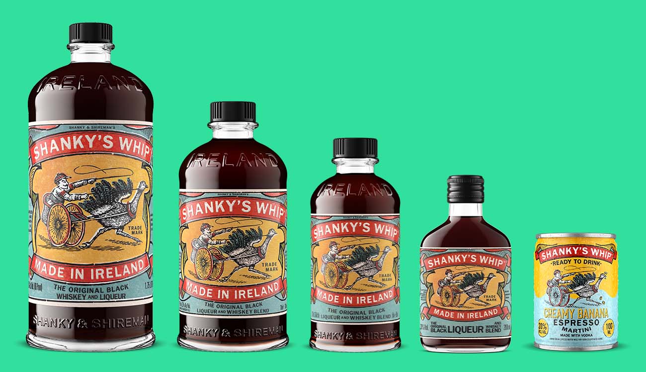 Shanky's Whip Irish whiskey portfolio, five SKUs from 1.75L to a 100ml RTD espresso martini can, rendered in Outshinery Studio from verified specifications rather than AI approximation.
