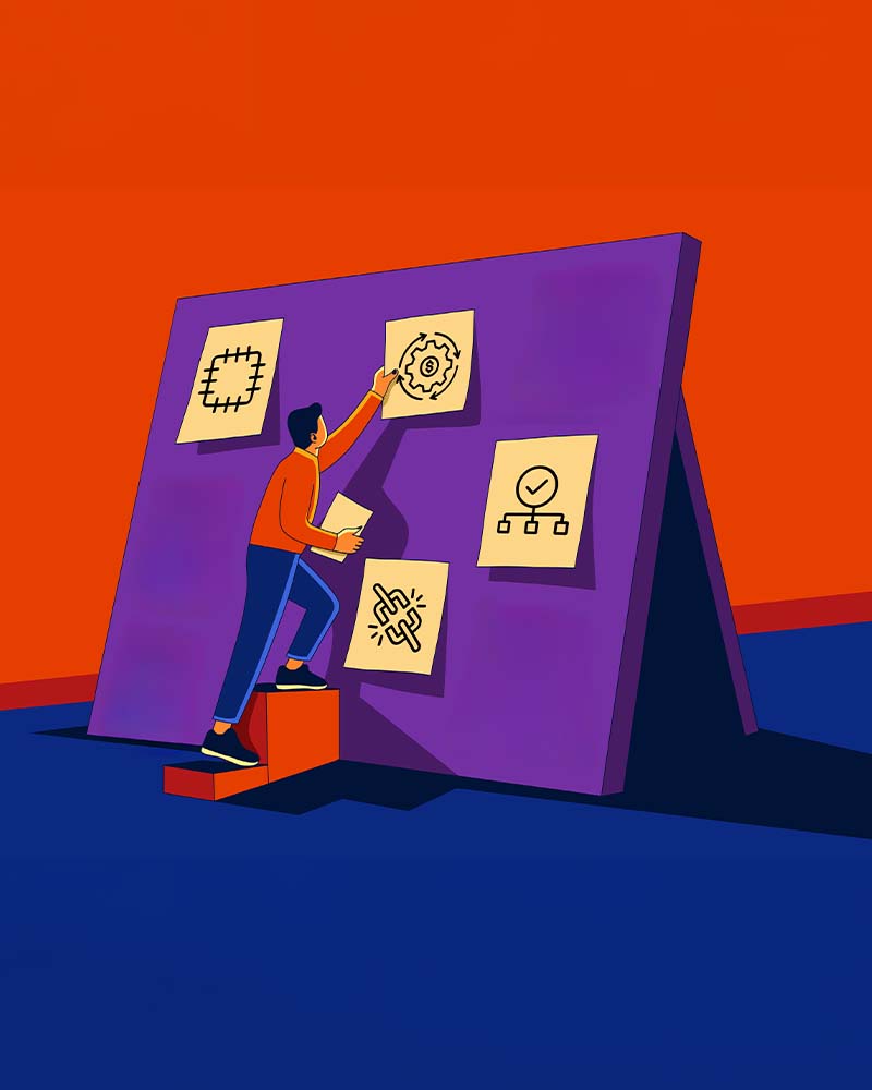 Person pinning visual maturity tier icons to a board, illustration for the Outshinery Visual Scorecard assessment.