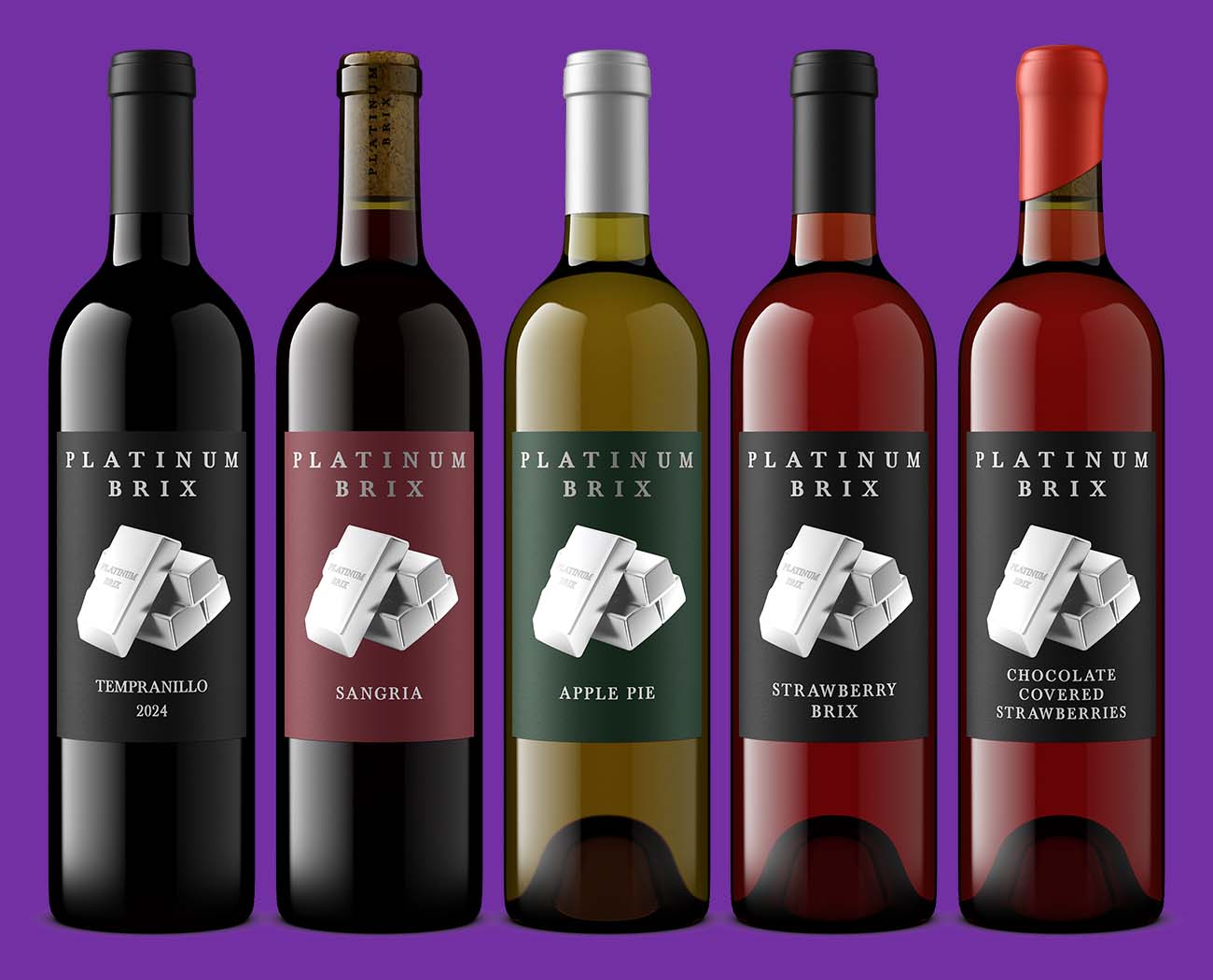 Five Platinum Brix wine bottles lined up across an entire flavor range, photorealistic 3D bottle shots by Outshinery.