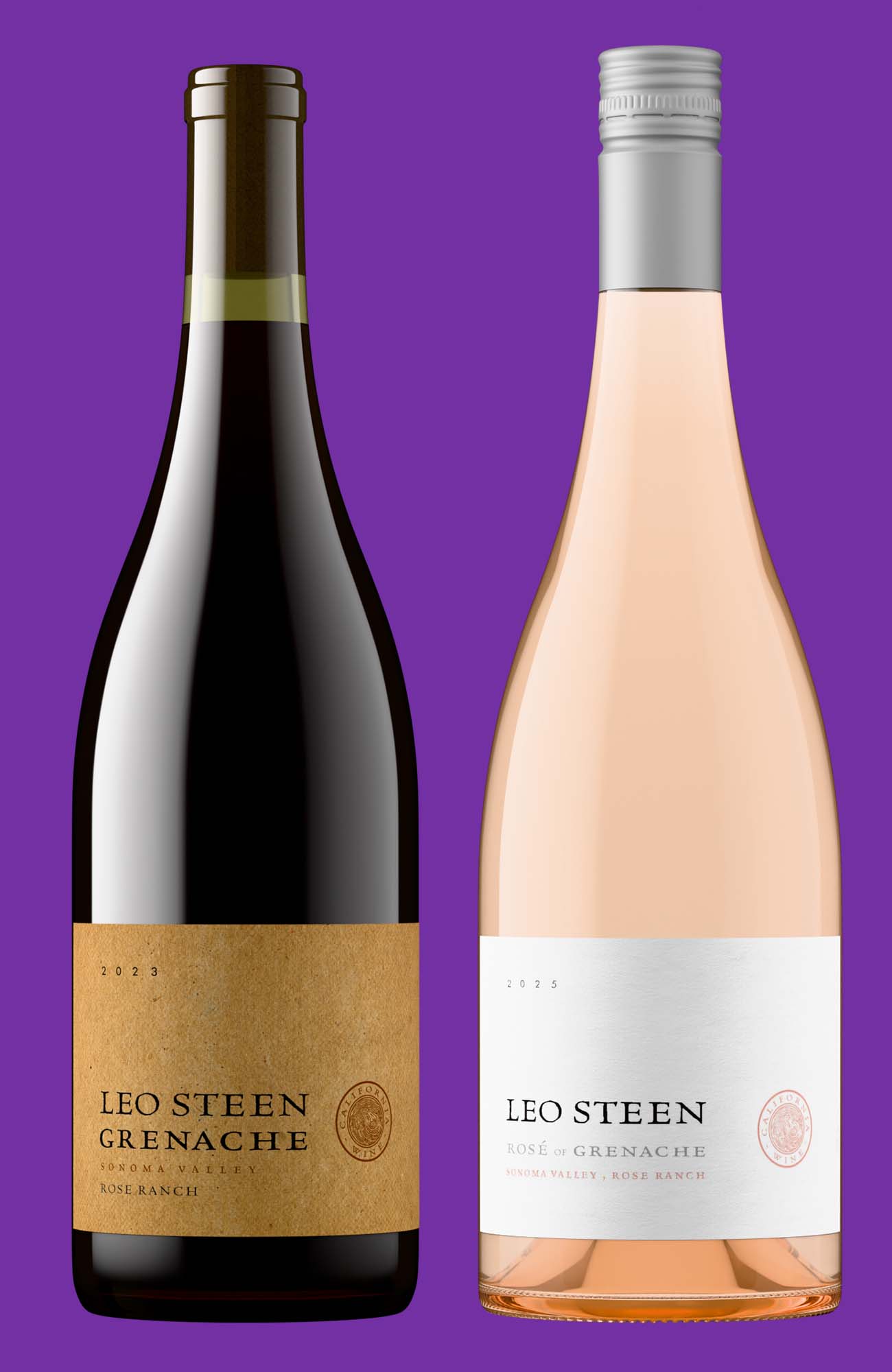 Leo Steen Grenache 2023 and Rosé of Grenache 2025 wine bottle shots compared side by side, photorealistic renders by Outshinery.