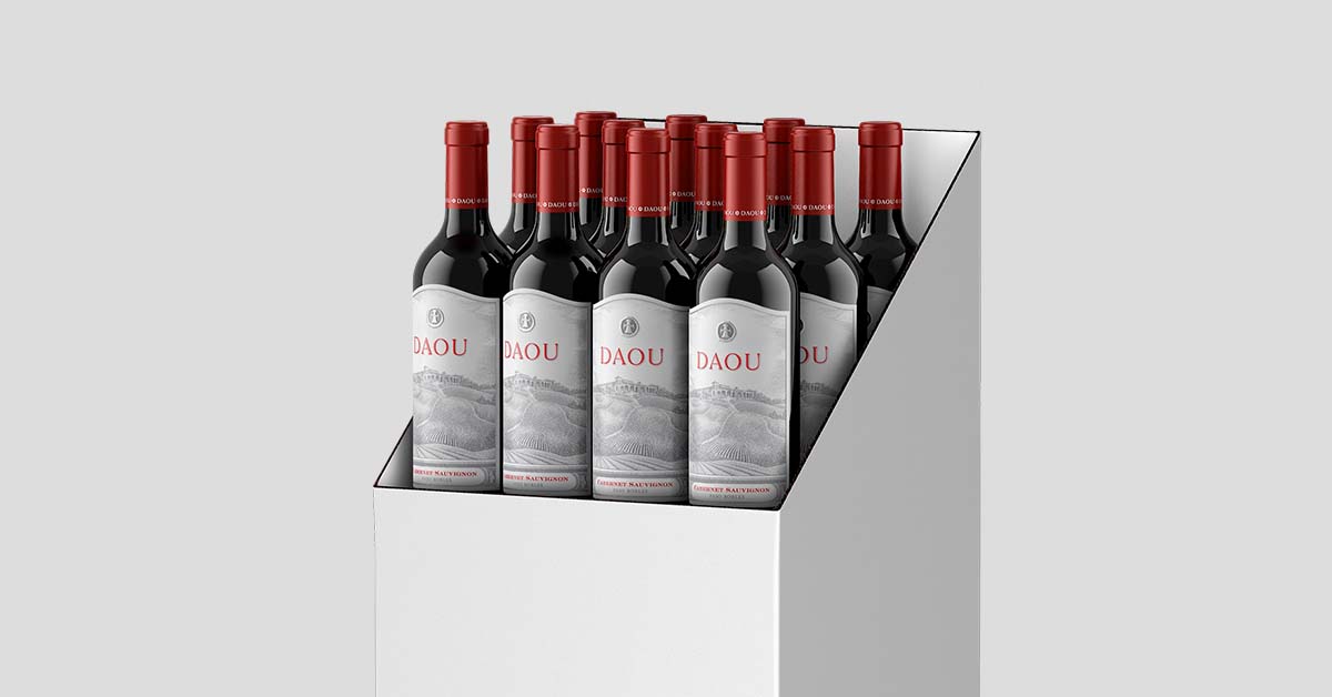 DAOU Cabernet Sauvignon bottles arranged in a white retail display, an Outshinery render on a light gray background.