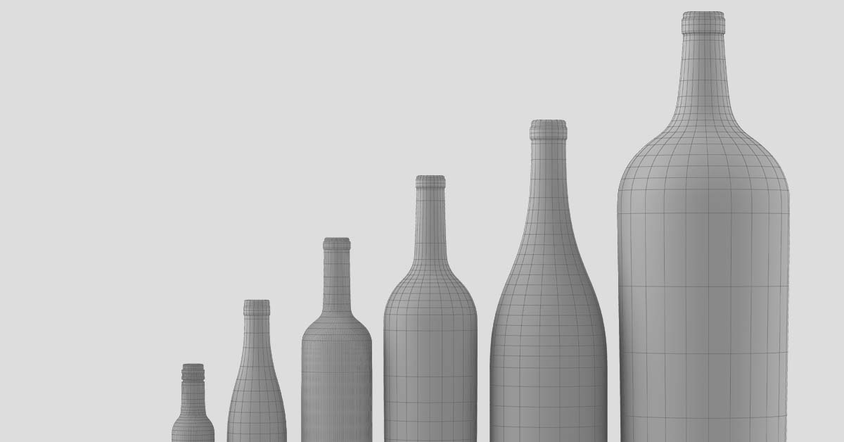 Six gray 3D wireframe wine bottle models rising in size from left to right, the geometry behind Outshinery's photorealistic bottle shots.