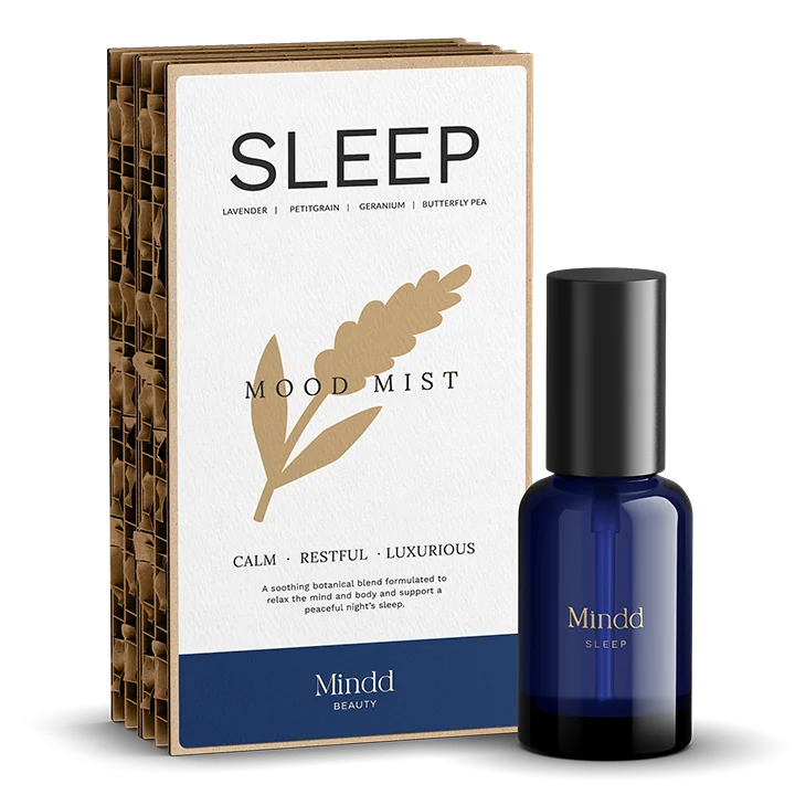 Mindd Sleep Mood Mist with lavender, petitgrain, geranium, butterfly pea for calm and restful sleep.