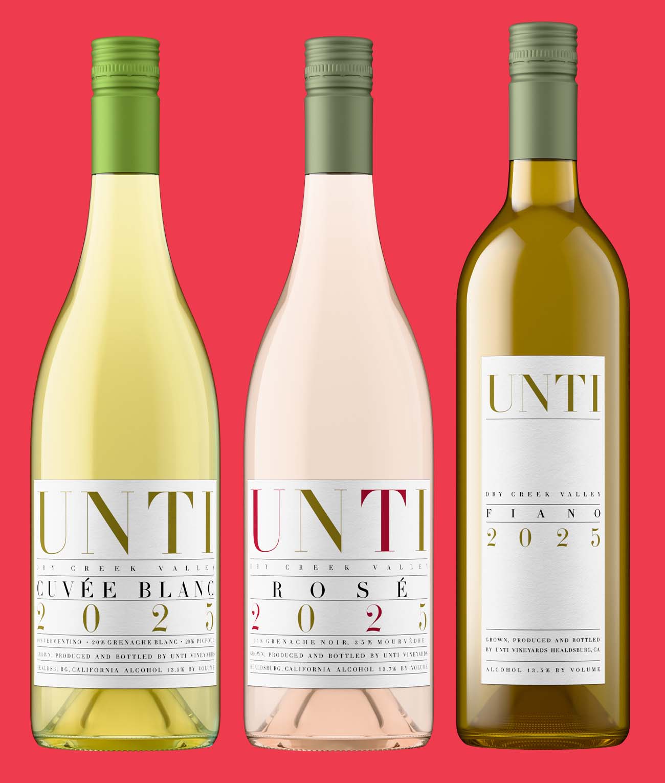 Unti Vineyards Cuvée Blanc, Rosé and Fiano 2025 bottle shots in a matching lineup, generated from label files with Outshinery Lite