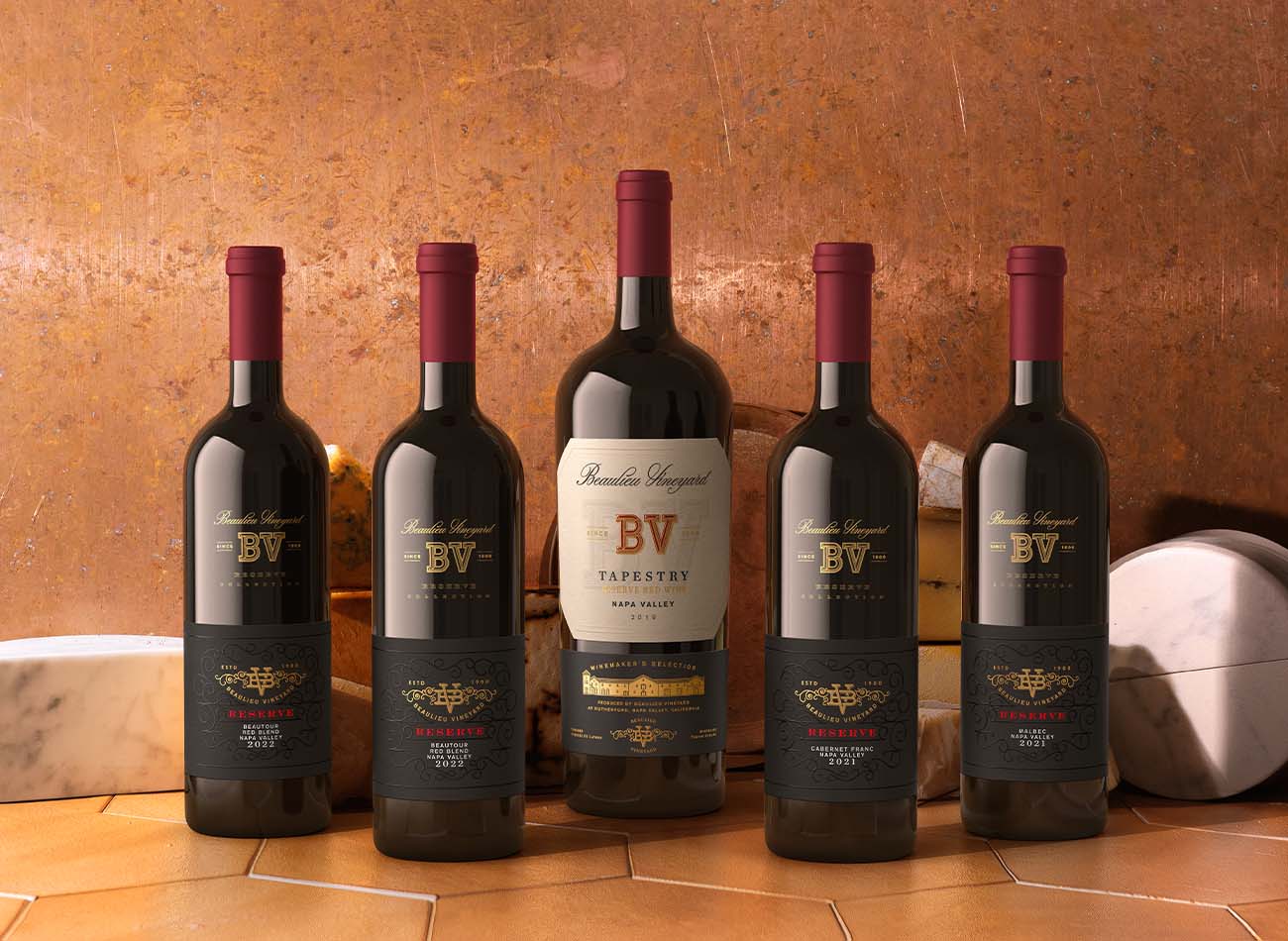 Beaulieu Vineyard Reserve Collection lineup with Tapestry Napa Valley red wine in a lifestyle scene, crafted by Outshinery Studio 3D artists