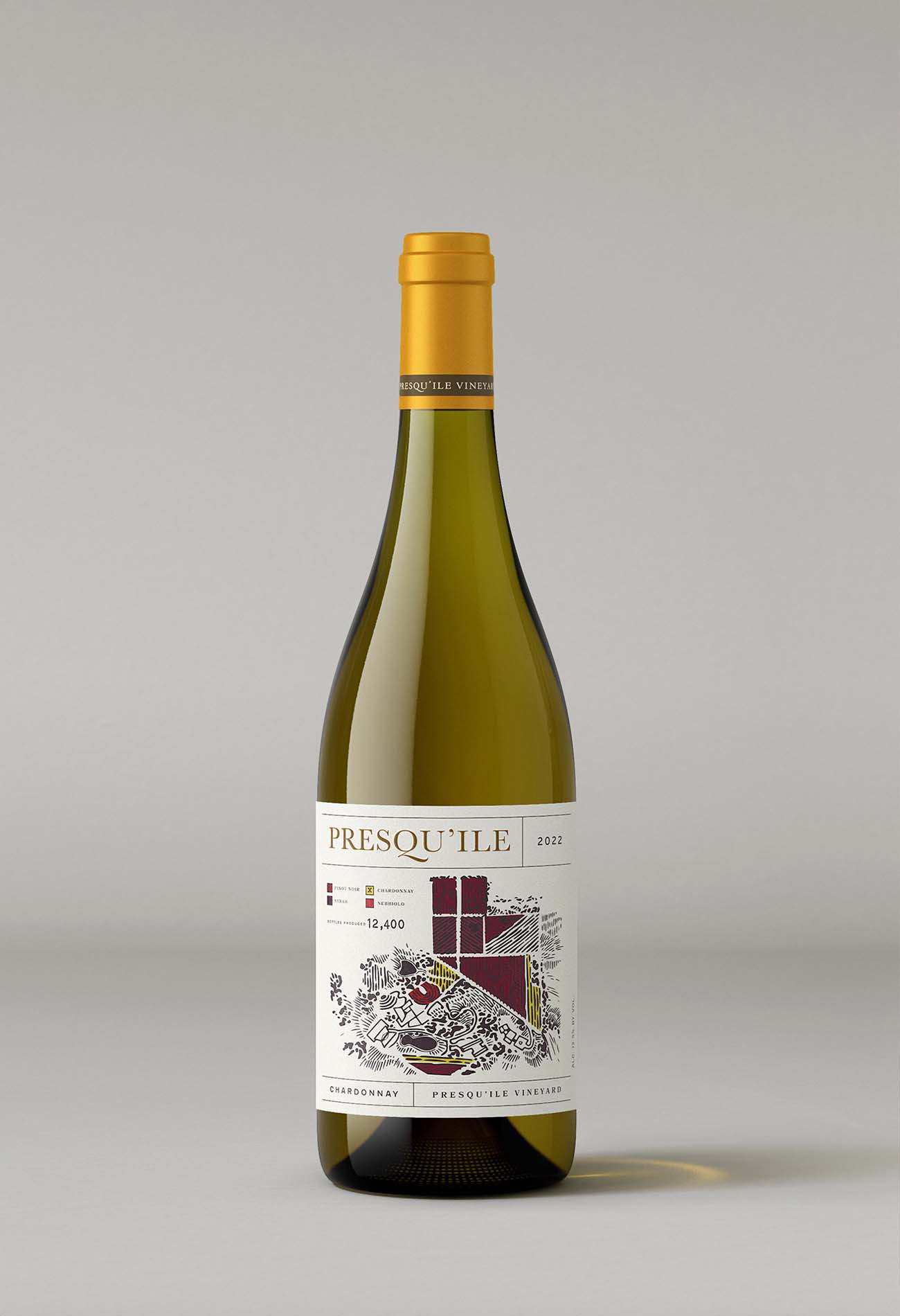 Presqu'ile Vineyard 2022 Chardonnay bottle shot with gold capsule and illustrated label on a neutral gray background