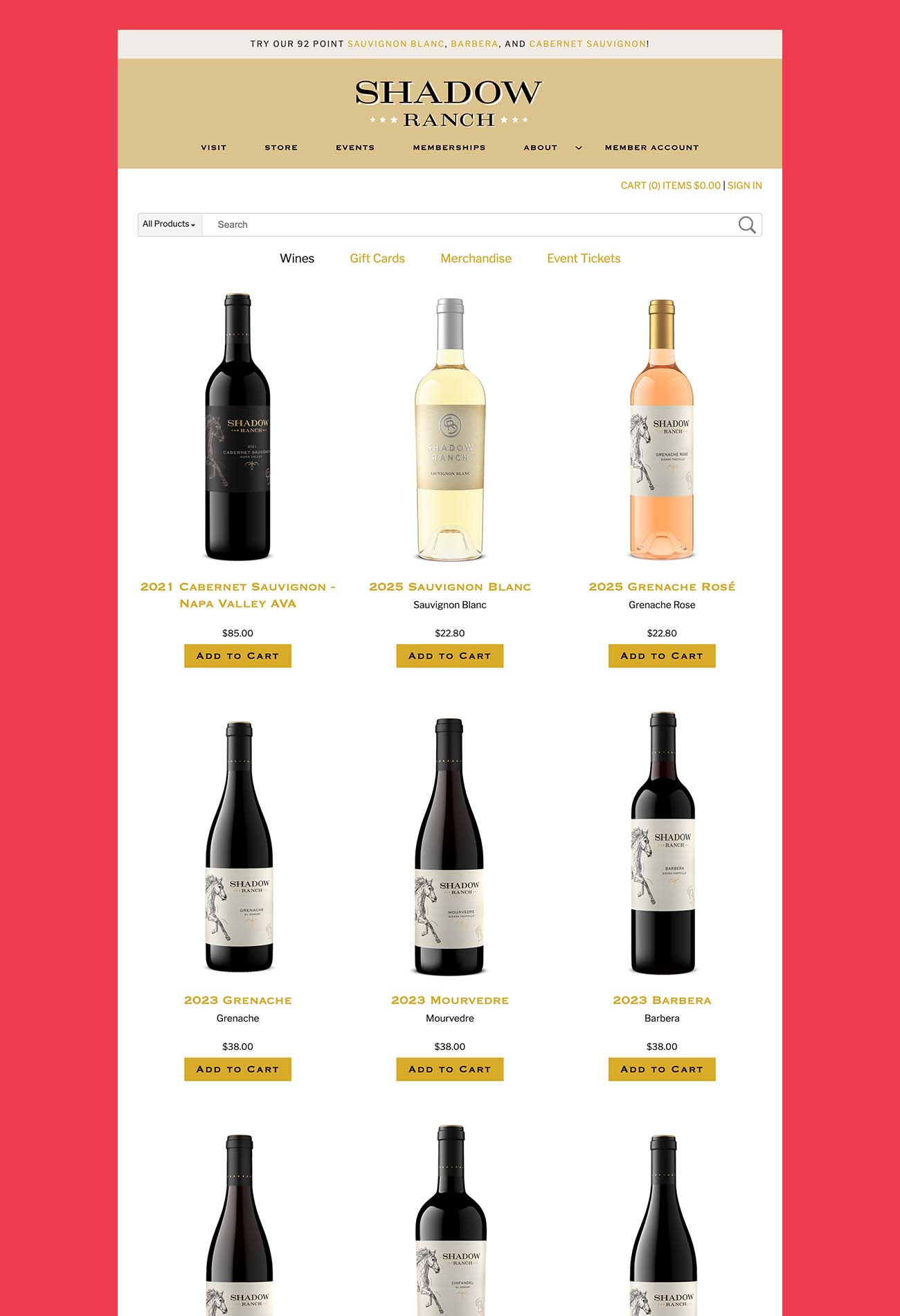 Shadow Ranch Vineyard online store with matching bottle shots across every wine, each showing the current vintage year