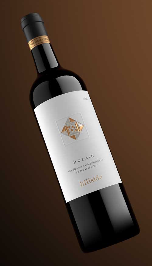 Hillside Mosaic 2021 bottle shot from Naramata Bench, embossed copper and silver diamond emblem, by Outshinery