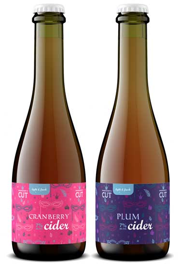 Winemaker's Cut Cranberry and Plum cider bottle shot, pink and purple masquerade labels on green glass, by Outshinery