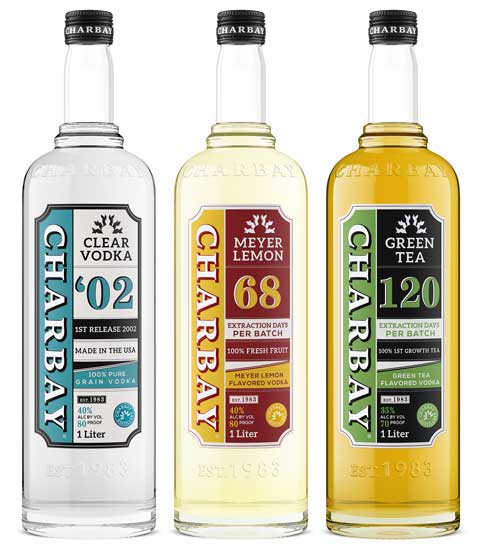 Charbay vodka lineup, Clear '02, Meyer Lemon and Green Tea in 1 liter embossed bottles, by Outshinery