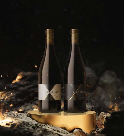 Exprimere 2021 Pinot Noir Mia and Persey bottles from Peake Ranch on a gold plinth amid embers, by Outshinery