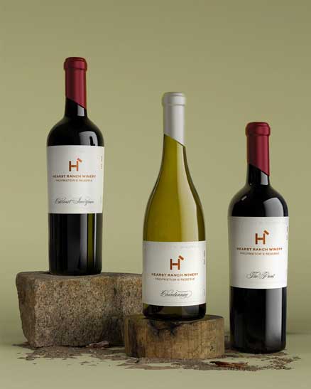 Hearst Ranch Winery Proprietor's Reserve trio, Cabernet Sauvignon, Chardonnay and The Point on stone risers, by Outshinery
