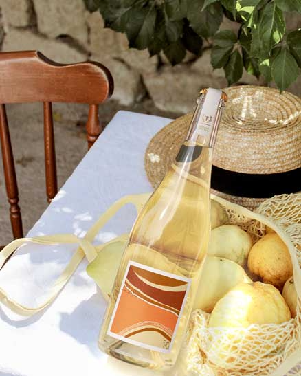 Clear glass bottle with an abstract terracotta label and caged closure in a sunlit courtyard scene with lemons, by Outshinery