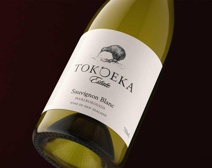 Tokoeka Estate Sauvignon Blanc bottle close-up, Marlborough New Zealand label with an engraved kiwi bird, by Outshinery