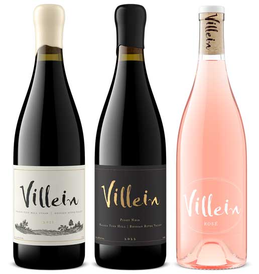 Villein Walker Vine Hill Syrah, Pinot Noir and Rose bottle lineup on white, Russian River Valley labels, by Outshinery