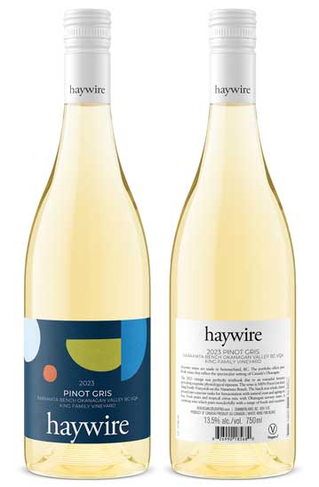 haywire 2023 Pinot Gris bottle shot, front and back labels with white screw cap, Naramata Bench Okanagan Valley, by Outshinery
