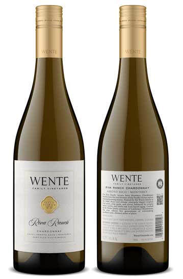 Wente Family Vineyards Riva Ranch Chardonnay 2023 bottle shot, front and back labels with gold capsule, by Outshinery