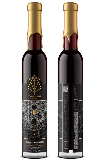 Zymarium Meadery Endless Raspberry Tupelo Reserve 375 ml bottle shot, gold wax top and black geometric label, by Outshinery