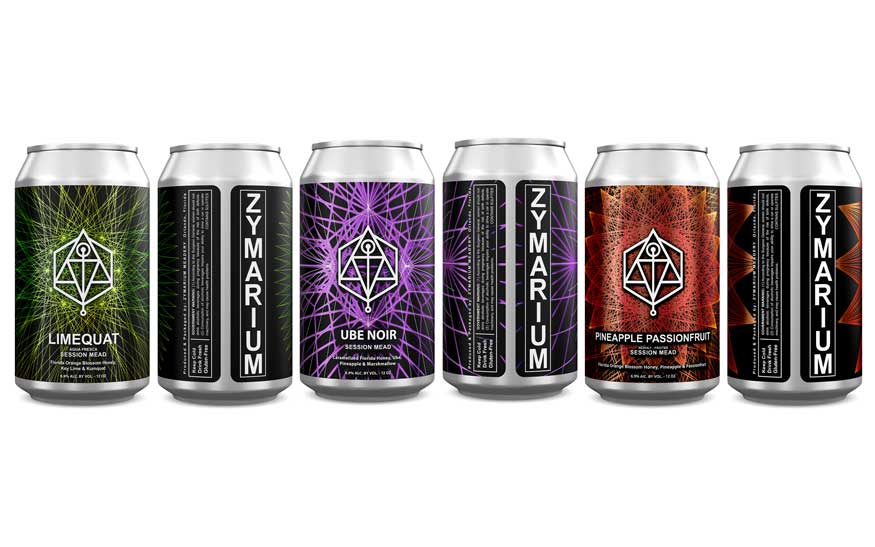 Zymarium Meadery session mead can lineup, Limequat, Ube Noir and Pineapple Passionfruit shown front and back, by Outshinery