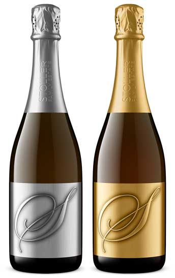 Stoller Family Estate sparkling wine pair, silver and gold foil capsules with embossed S monogram labels, by Outshinery