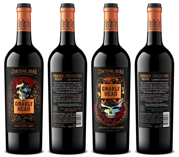 Gnarly Head Grateful Dead limited edition Old Vine Zin and Cabernet Sauvignon bottles, skull and roses artwork, by Outshinery