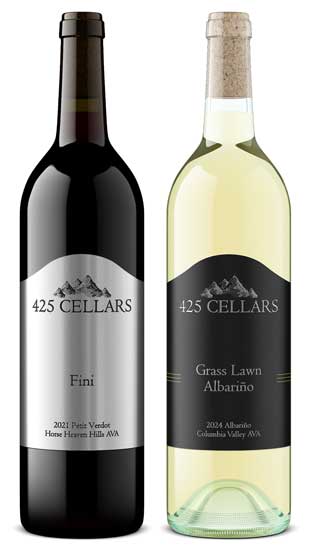 425 Cellars Fini Petit Verdot 2021 and Grass Lawn Albariño 2024 bottle shot, silver and black mountain labels, by Outshinery