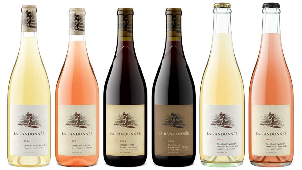 La Randonnée six bottle lineup, Sauvignon Blanc, Florence Rosé, Pinot Noir, Henrietta Cabernet Franc and two pét-nats, by Outshinery