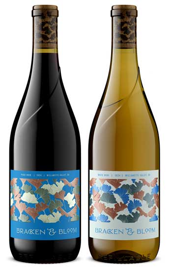 Bracken & Bloom Pinot Noir and White Wine 2024 bottles, ginkgo leaf labels in blue and cream, Willamette Valley, by Outshinery
