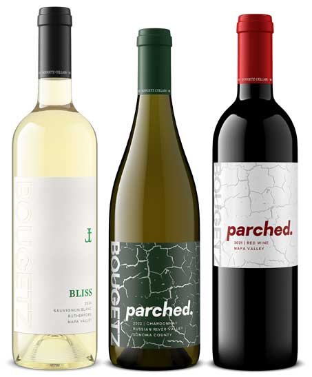 Bougetz Cellars three bottle lineup on white, Bliss Sauvignon Blanc with parched. Chardonnay and red wine, by Outshinery