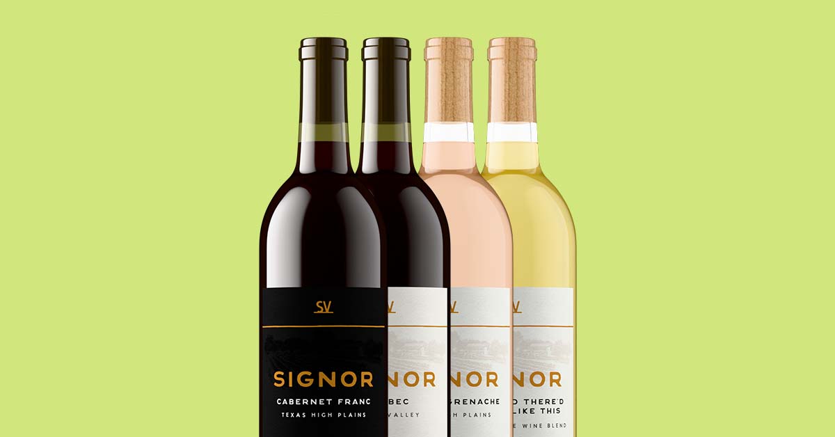 Signor lineup of four Texas High Plains wines rendered as automated bottle shots: Cabernet Franc, Malbec, a Grenache rosé, and a white blend